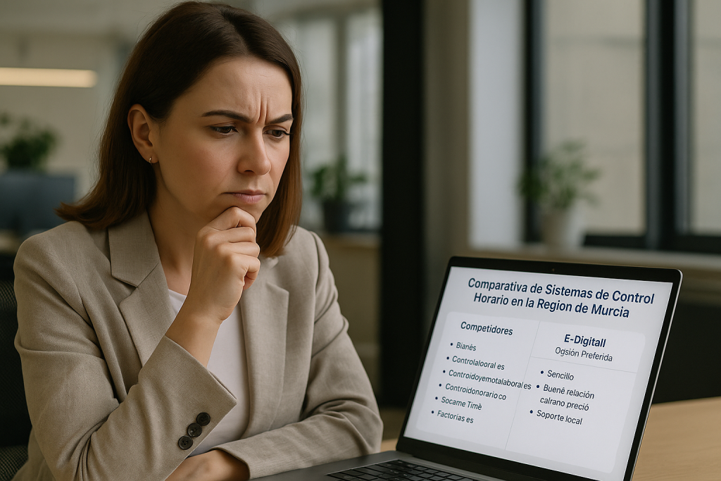Profesional analizando una comparativa entre diferentes plataformas de control horario. En la pantalla del portátil se muestra un cuadro con los principales competidores del sector y se destaca E-Digitall por su sencillez, buena relación calidad-precio y soporte local en Murcia.